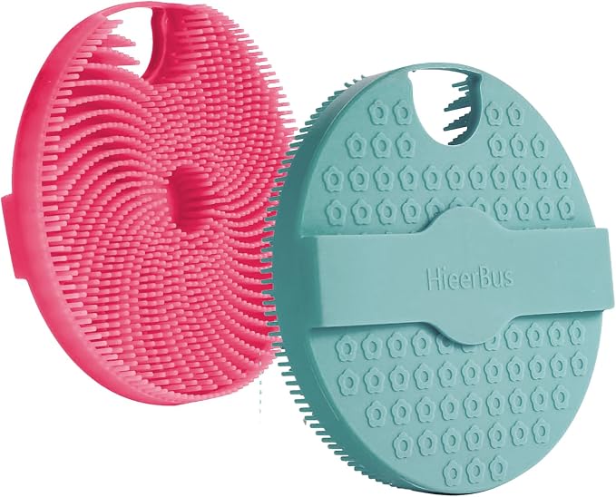 Silicone Body Scrubber Shower Brush 2 Counts,Super Exfoliating Body Brush with Non-Slip Strap-Effective Showering Exfoliation and Gentle Massage for Men Wome,Durable Use Brush (Green+Pink)
