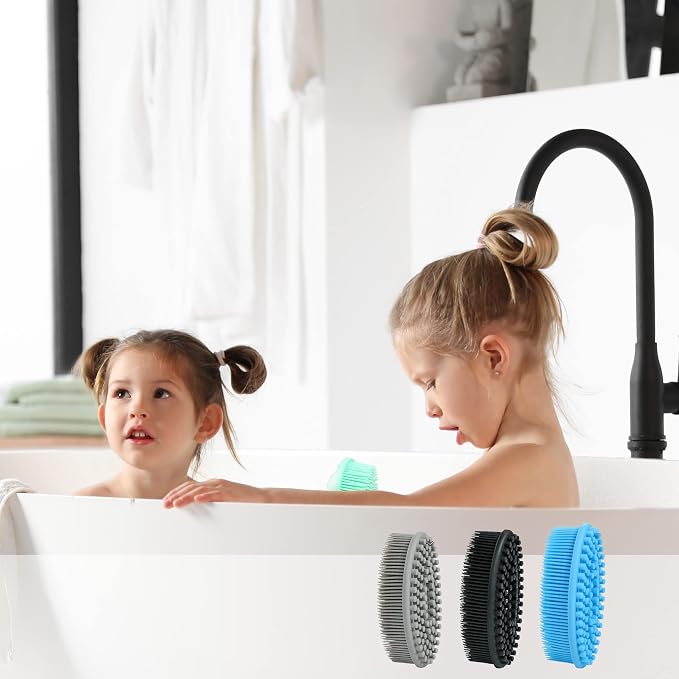 Silicone Body Scrubber Loofah Set of 3 (Black/Gray/Blue) | Soft Exfoliating Bath Shower Brush for Sensitive Skin, Kids Women Men All Skin Types