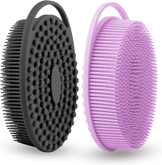 Silicone Body Scrubber 2 Pcs Silicone Loofah Exfoliating Body Scrubber for Men Women Soft Silicones Shower Scrubbers Double Sided Silicones Bath Bodys Brush for All Skin Lather Well, Black and Purple