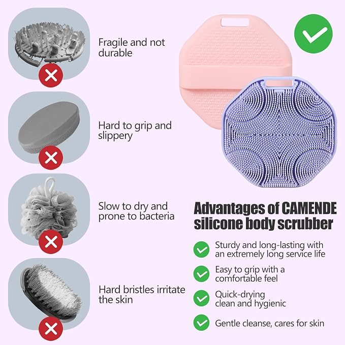 2-Pack Silicone Body Scrubber Shower Brushes,Exfoliating Body Scrubber for All Skin Type, Eco Friendly Shower Scrubber for Body, Soft Silicone Loofah for Men & Women (Pink & Purple)