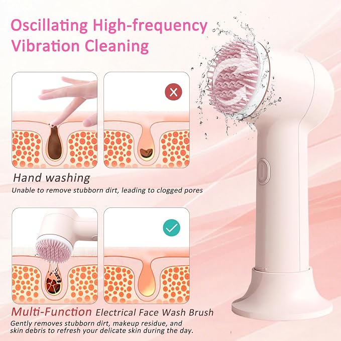 Electrical Facial Cleansing Brush, Multi-Function Face Wash Brush with Base and 2 Brush Heads, Portable Face Scrubber for Deep Skin Cleaning and Gentle Exfoliating (Pink)