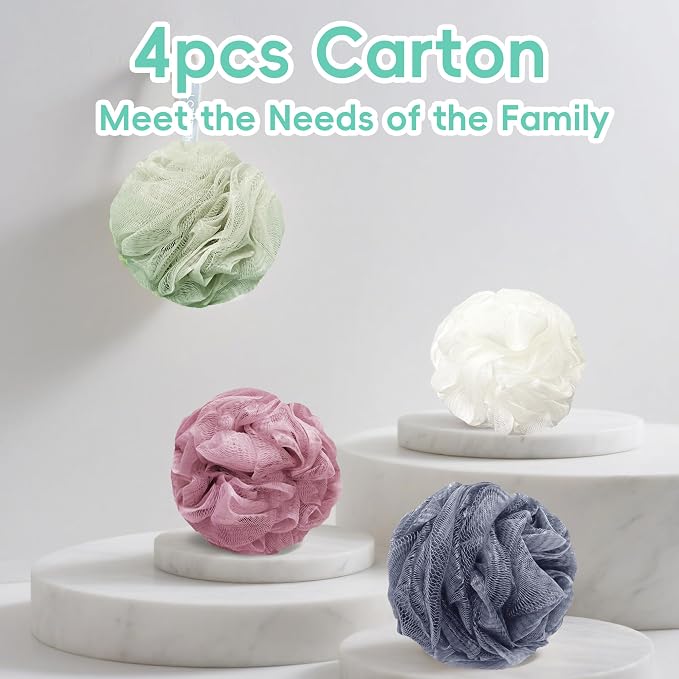 Shower Loofah 4PCS Soft Bath Body Sponge 60g Loofa Set Thick Wash Puffs for Women and Men (Pink-White-Blue-Green)