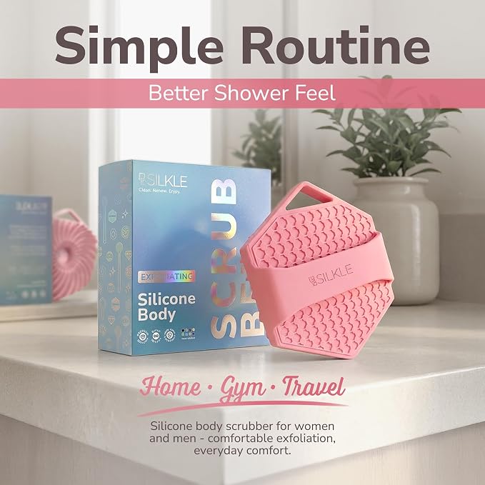 SILKLE Silicone Body Scrubber Exfoliator, Shower Scrubber & Silicone Loofah | Exfoliating Body Scrubber, Non-Slip Grip - Silicone Bath Brush & Shower Brush for Body, Quick-Rinse One-Piece Design - Pink