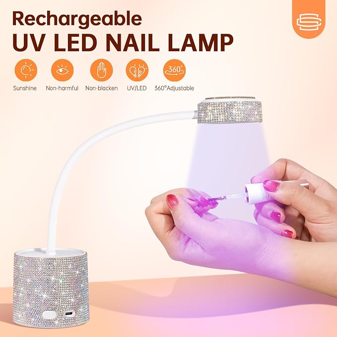 Flash Cure Nail Lamp, UV Nail Lamp for Gel Nails, Cordless Auto Sensor | 27W | Type-C | 1500mAh | Rhinestone | Mini Size | Easy to Carry | DIY Manicure | AB Diamond
