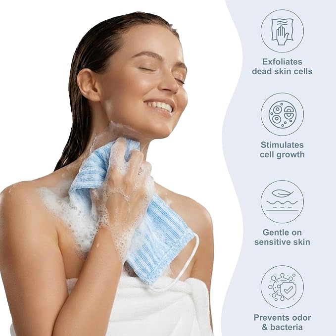 Yiclick Dual-Textured Exfoliating Washcloth Towel - Back Scrubber for Use in Shower Bath, Exfoliating Body Scrubber Exfoliator, Japanese Exfoliate Loofah Lufa Sponge Wash Cloth for Women Men