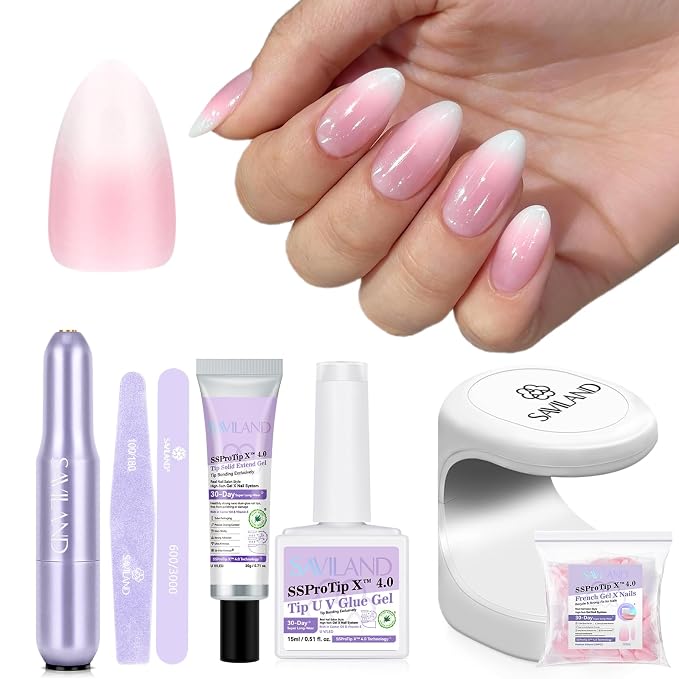 SAVILAND Press On Almond Nails: 4-In-1 Tips With Glue, White Pink Ombre Medium, 256 Pcs False Tips, Strong Glue, Mini Lamp, Electric Drill, Nail Stuff for Home