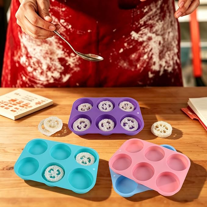 48 Pcs Natural Loofah Sponges 4 Pcs 3 Inch Round Silicone Soap Molds Cylinder Shower Steamer Molds for Loofah Soap Bath Bombs Shower Steamer Lotion Bars for Women and Men