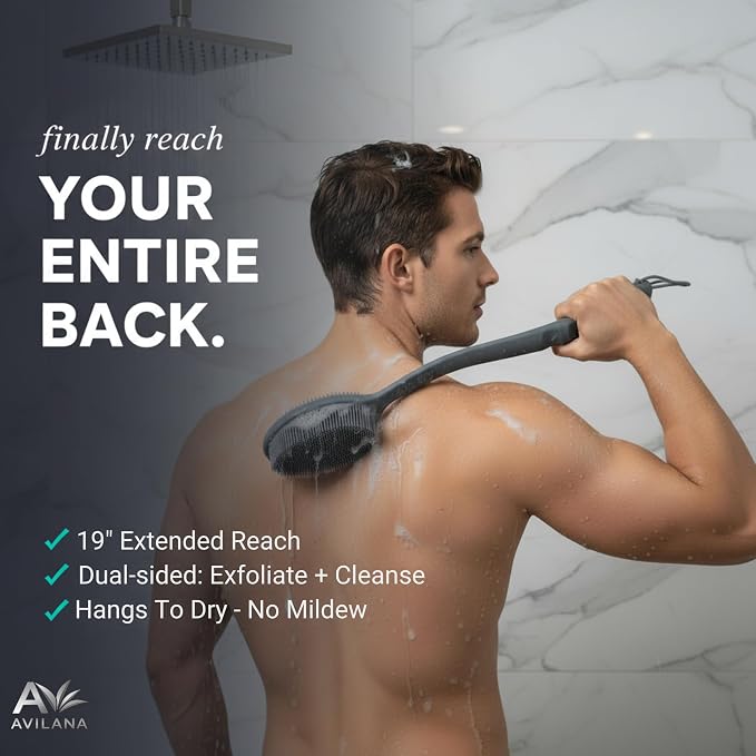 Avilana Silicone Body Scrubber for Shower – SGS Certified Food Grade Dual Sided Bath Brush, Gentle Exfoliating Silicone Loofah Alternative, Sensitive Skin Body Brush (Dark Gray, Long Handle)
