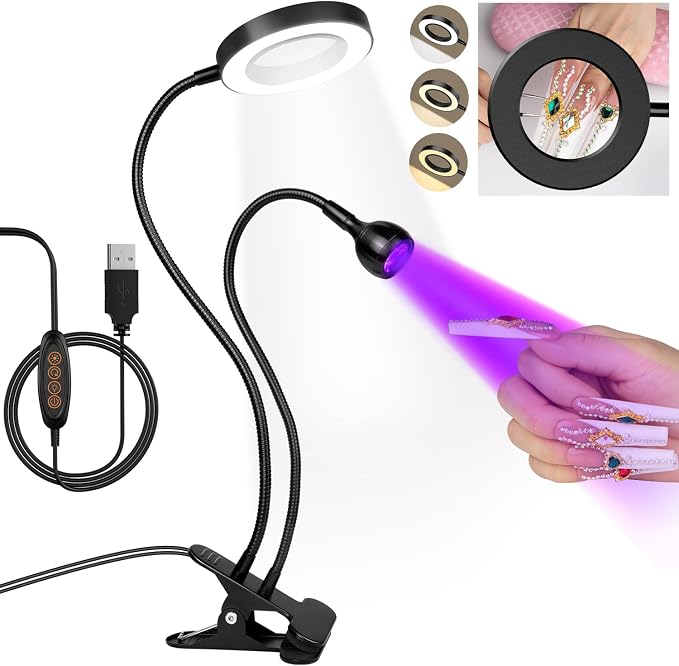 AORAEM LED UV Nail Lamp with Double-Head and 6X Magnifier, Black | Gooseneck Lamp for Gel Nails, Flash Cure Lamp for Home DIY Salon