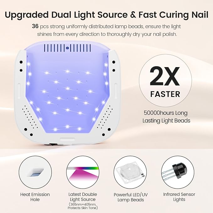 Lavinda 54W Nail Lamp UV Light for Gel Nails, Cherry Print | Soft 365+405nm light, room for five fingers or toes, mirrored removable base, easy touch controls, playful vanity décor