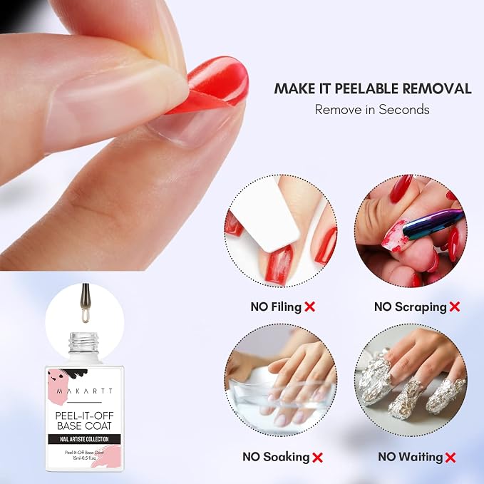 Makartt Peel Off Gel Base Coat 15ml, Easy Removal for Practice | Clear, No Soaking or Filing, Damage-Free for Weak & Thin Nails, UV/LED Lamp Needed, Beginner-Friendly Peelable Base