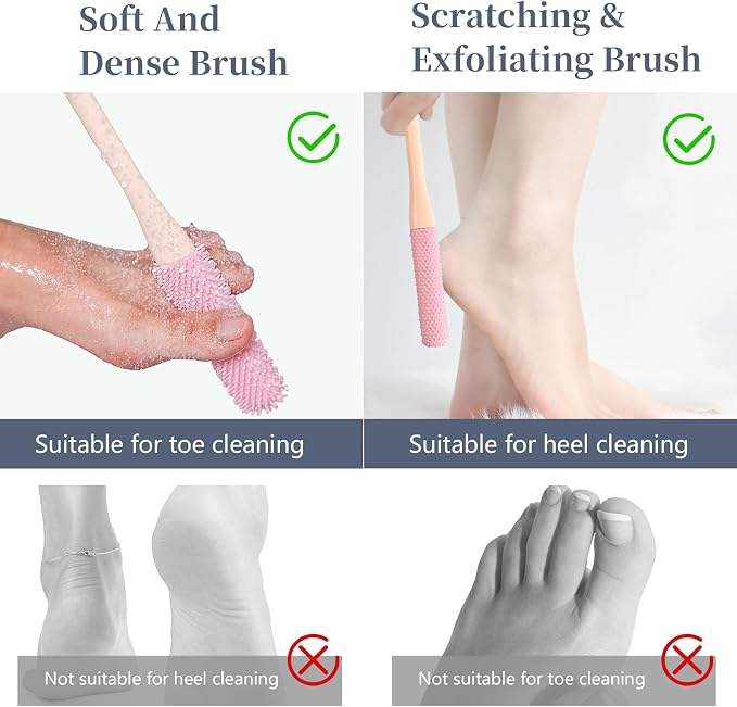 Toe Brush - 2 Pack Soft Silicone Long Handle (15.7") Shower Foot Cleaner for Elderly, Pregnant Women, Adults with Limited Mobility(Pink)