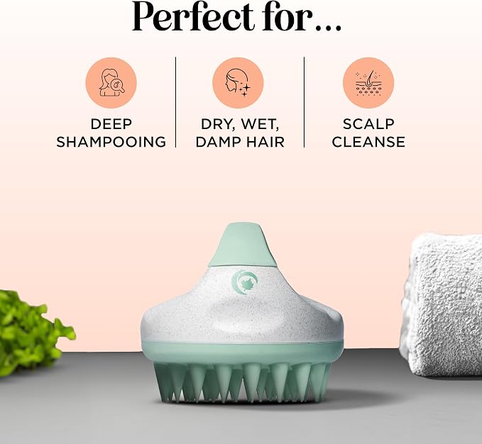 Hair Shampoo Brush and Scalp Exfoliator - In Shower Scalp Scrubber for Dandruff Removal & Growth Stimulator for Wet or Dry Hair - Soft Silicone Scalp Massager Made with Recycled Wheat Straw - Green