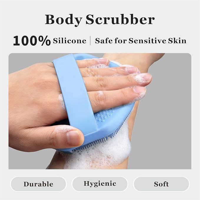 Silicone Body Scrubber 2-Pack, Shower Scrubber with Soft Bristles | 100% Silicone, Soft Bristles, Hole for Hanging, Anti-Slip Strap, Gentle Exfoliating, Lather Well, Sensitive-skin safe
