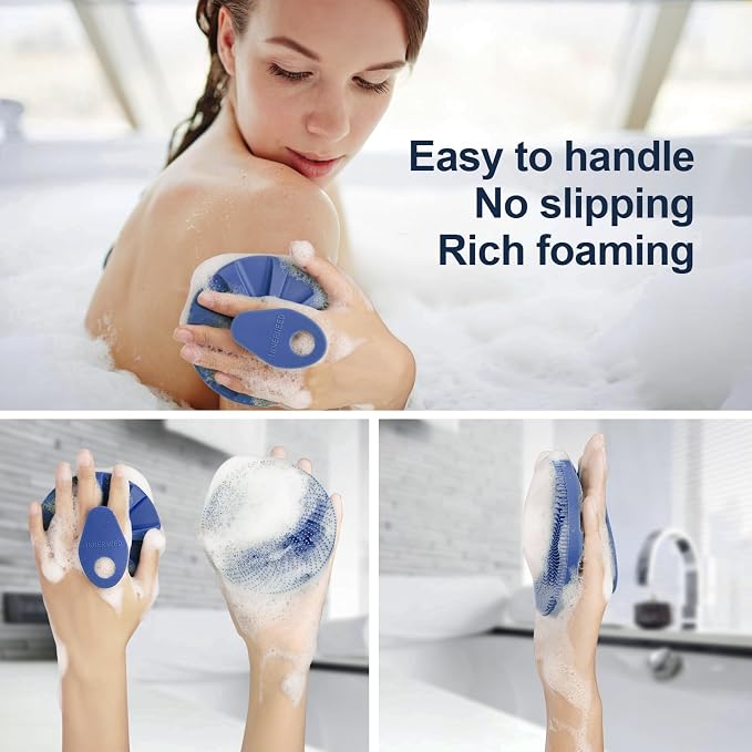 Food-Grade Silicone Body Scrubber Exfoliating & Massaging Brush, Dark Blue | INNERNEED Hygienic Shower Scrub Skin Wash Bath Tool for All Skin Types, Lathers Well, Longer Service Life