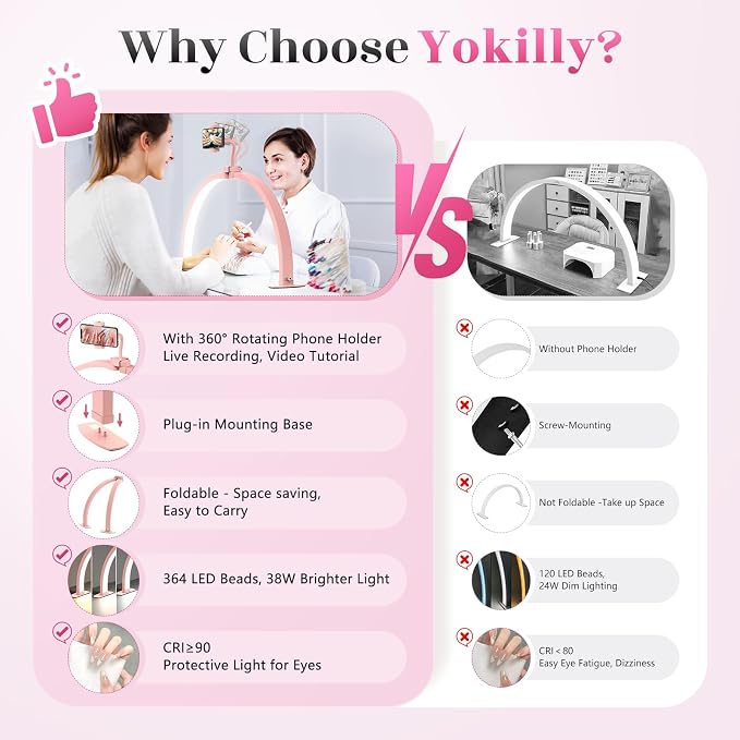Yokilly Half Moon Light for Nail Desk: 29" Foldable Nail Light for Desk | Arch Nail Tech Light with Phone Holder for Beginner - 3 Color Modes & 10 Brightness for Manicure Salon-Pink