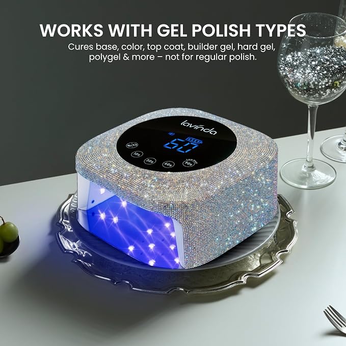 Lavinda 54W Cordless UV LED Nail Lamp for Gel Nails, Sparkle Rhinestone | Rechargeable, 4-6 hr runtime, even curing, 4 timers, low heat, auto sensor, removable base, salon use, gifts for nail lovers