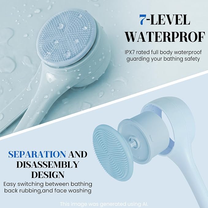 Electric Body Brush Back Scrubber for Shower，5 Replaceable Heads and Hook,Waterproof Long Dual Handle Power Body Scrubber 2 Speeds, for Cleansing Body, Exfoliating and Massaging Skin.
