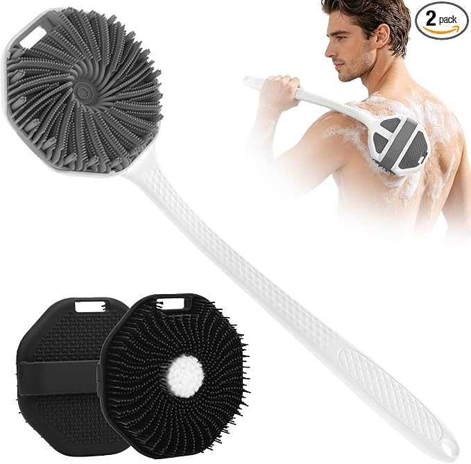 Back Scrubber for Shower 2 Pack, Silicone Scrub Brush with Long Handle & Unique Soft Body Scrubber, Detachable Body Brush Shower Lather Well Deep Clean Exfoliating for Women Men Sensitive Skin Bl&Gy