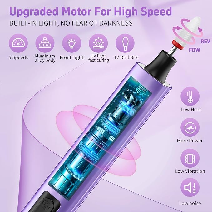 Cordless Nail Drill Electric File Kit with UV Nail Lamp | Portable, Rechargeable, Nail Drill Machine, for Acrylic, Gel Dip, Powder Nails