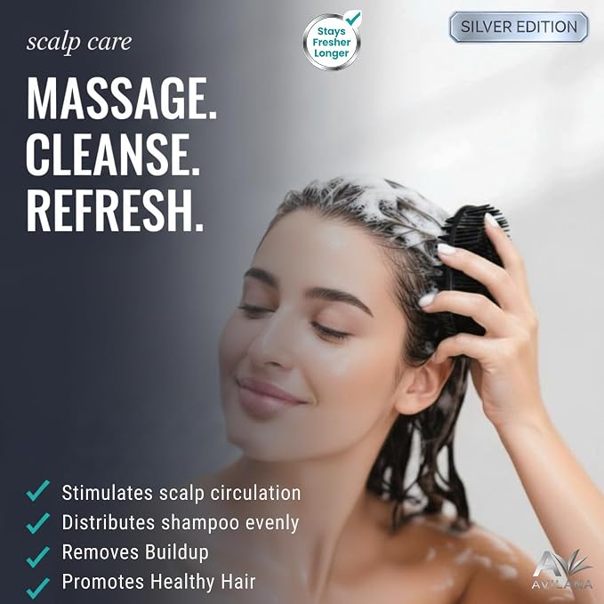Avilana Silicone Body Scrubber for Shower – SGS Certified Food Grade Dual Sided Bath Brush, Gentle Exfoliating Silicone Loofah Alternative, Sensitive Skin Body Brush (Black-Silver, Scalp)