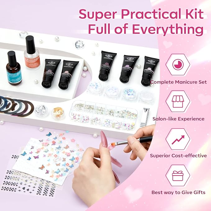 Modelones Poly Nail Gel Kit 8 Colors Rosy Pink with 48W UV/LED Lamp | Nail Extension Gel Complete Nail Art Tools Professional Starter Manicure Kit Supplies Rhinestone Glitters DIY at Home