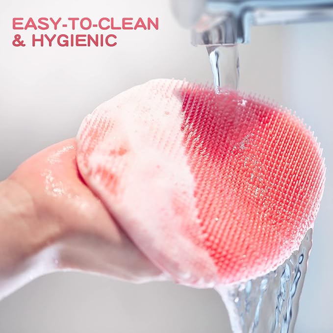 Manmihealth Silicone Back Scrubber & Soft Bath Glove Set 2PCS Pink | Super-Exfoliating Body Scrubber & Super-Lathering Shower Brush Combination, Thick Bristles, with a Free Hook