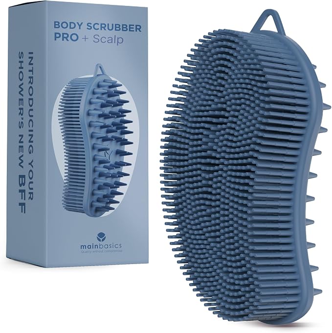 MainBasics Silicone Body Scrubber Dual-Sided, Dark Blue, Scalp | Shower Scrubber and Scalp Massager, Gentle Silicone Loofah Alternative for Deep Clean