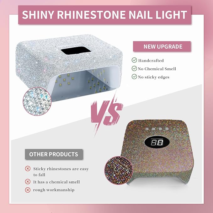 UV LED Nail Lamp with Portable Handle and Sparkly Rhinestones | Wireless Rechargeable Professional Curing Lamp, 220W UV Light for Gel Nails, LCD Display, Easy to Carry for Salon & Home