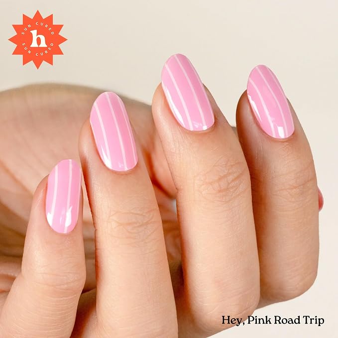 Heyhae Semi Cured Gel Nail Strips Salon Quality - Hey, Pink Road Trip | No UV Light Needed | Salon Quality, Easy Apply & Remove | 28 Strips, 1 Prep Pad, Nail File, Wooden Stick | Pink Solid