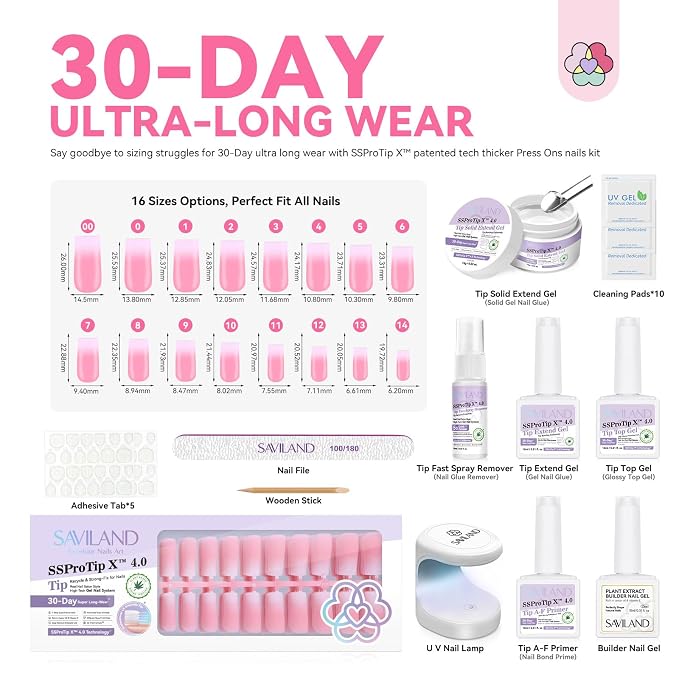 SAVILAND Press On Nails for Women: With Builder Gel for Nails 16 Sizes Long Square French Tip Gel Nail Kit Pink White Ombre U V Nail Glue and Remover Gels Lamp Top Coat and Primer Kit