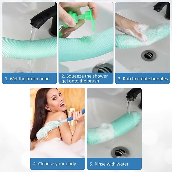 Back Bath Brush with Sponge, 15.39"Back Scrubber with Anti-Slip Long Handle | Back Scrubber for Shower, Curved Long Handle Bath Body Brush for Elderly Aid Bathing and Shower, Exfoliating Body Scrubber
