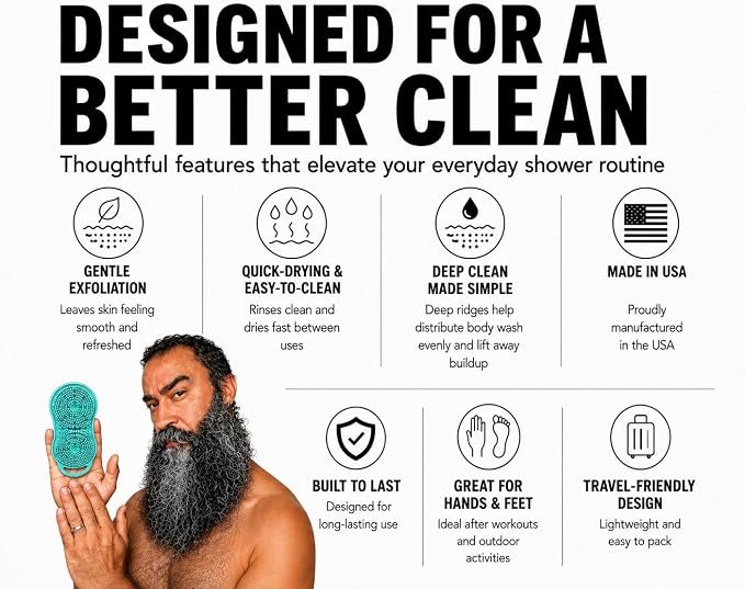 MOOFAH™ Body Scrubber- Deep Cleansing, Gentle Exfoliation for Smoother Skin, Soft-Touch Bristles, Made in USA by Chicago Comb, Easy Rinse, Quick-Dry (Aqua)