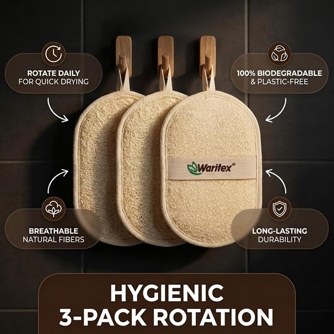 Waritex Organic Egyptian Loofah Oval Exfoliating Body Scrubbers [3 Pack] | Natural Loofah Shower Pads with Hand Strap for Gentle Skin Exfoliation, Smooth & Refreshing Skin, Face & Body Spa Experience