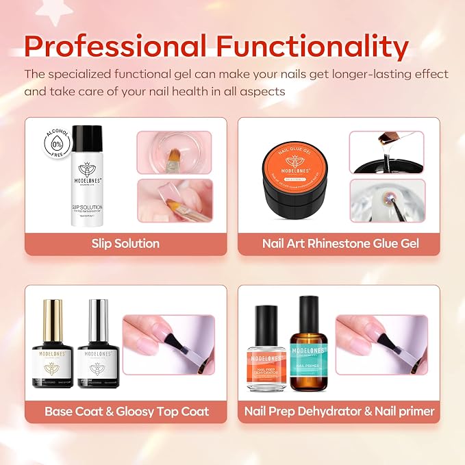 Modelones Poly Nail Gel Kit 8 Fall Colors with 48W UV/LED Lamp | Orange Pink Brown Glitter Extension Builder Gel Complete Art Tools Manicure Professional Starter Supplies DIY at Home