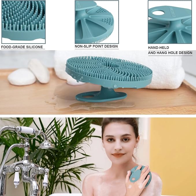 Food-Grade Silicone Body Scrubber Exfoliating & Massaging Brush, Dark Green | INNERNEED Hygienic Shower Scrub Skin Wash Bath Tool for All Skin Types, Lathers Well, Longer Service Life