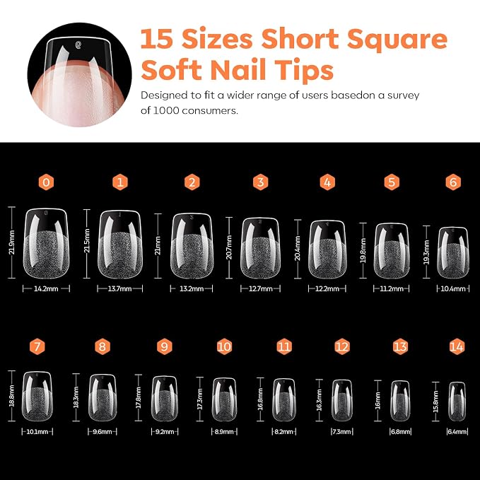 modelones Square Nail Tips, 240pcs Short Square Soft Gel Nail Tips | Full Cover Acrylic Extensions, Pre-Shaped 15 Sizes Press on Nails DIY Home or Professional Salon Use