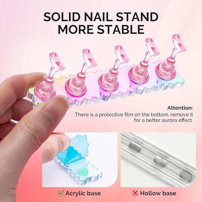 MelodySusie 2-Set Nail Stand for Press Ons Acrylic Magnetic Base, Aurora | Strong Magnetic, Wider Base, Residue-free Tape, Fit LED/UV Lamps, Nail Tips, Full Accessories, DIY Salon, Beginners & Pros