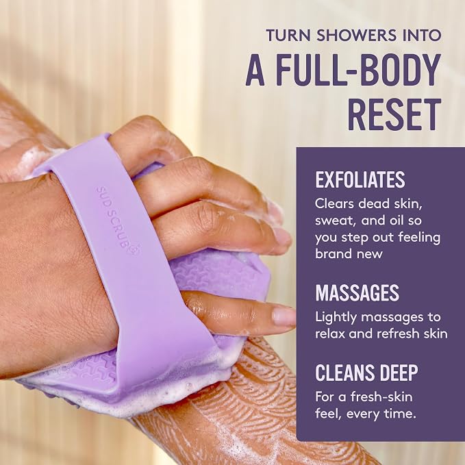 Sud Scrub® Antimicrobial Silicone Body Scrubber, Exfoliating Body Brush for Sensitive Skin, Antibacterial Shower Scrubber for Body, Bathroom Essentials for Men & Women, Purple