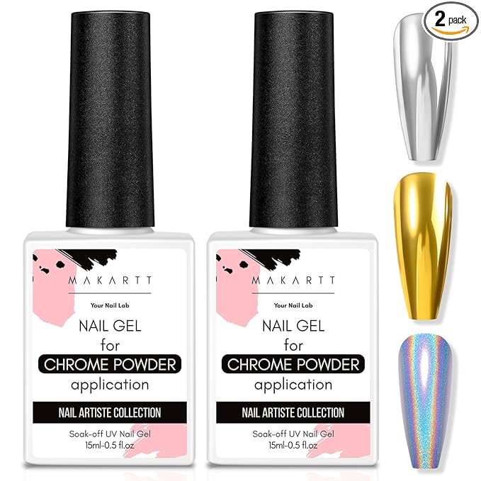 Makartt Gel Top Coat for Chrome Nail Powder 2 Pcs 15ml Clear No Wipe | High Gloss Mirror Shine Top Coat Gel Nail Polish Long Lasting Easy Application, Soak off UV Lamp, DIY Home Salon Art Design