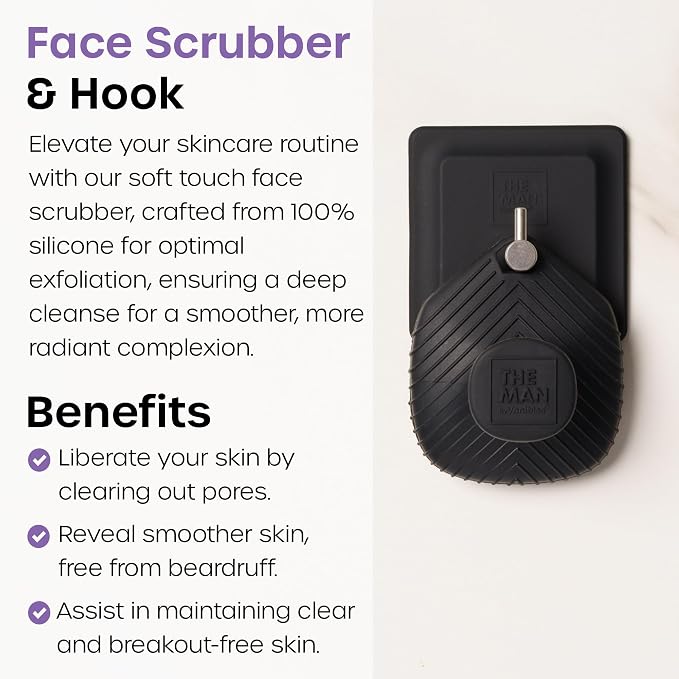 The Man Silicone Face Scrubber with Hook for Men, Face Cleansing Brush | Silicone face scrubber with storage hook for daily cleansing and gentle exfoliation.