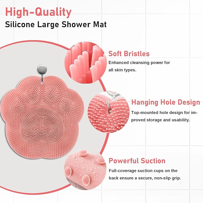 Silicone Foot Scrubber Mat, 12x12 Non-Slip, 38 Suction Cups | No Bending, Foot Cleaner for Seniors, for Wall, Small Bathtub