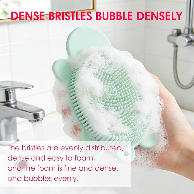 Baby Shower Brush,Kids Silicone Body and Back Exfoliating Mitt - Soft Bristles, Gentle Exfoliation, Cute Turtle Design Makes Children Love Bathing(Mint)
