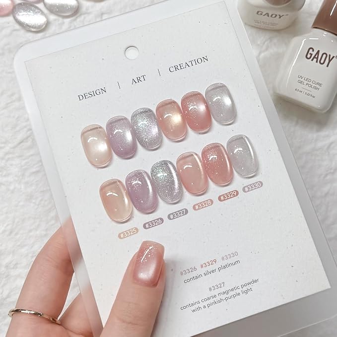 GAOY Cat Eye Gel Nail Polish Set 6 Colors with Magnet, Silk Blossom | Confetti Magnetic Neutral Nude Pink Purple, Glitter Holography DIY Manicure at Home, UV Lamp Required, Gift for Women