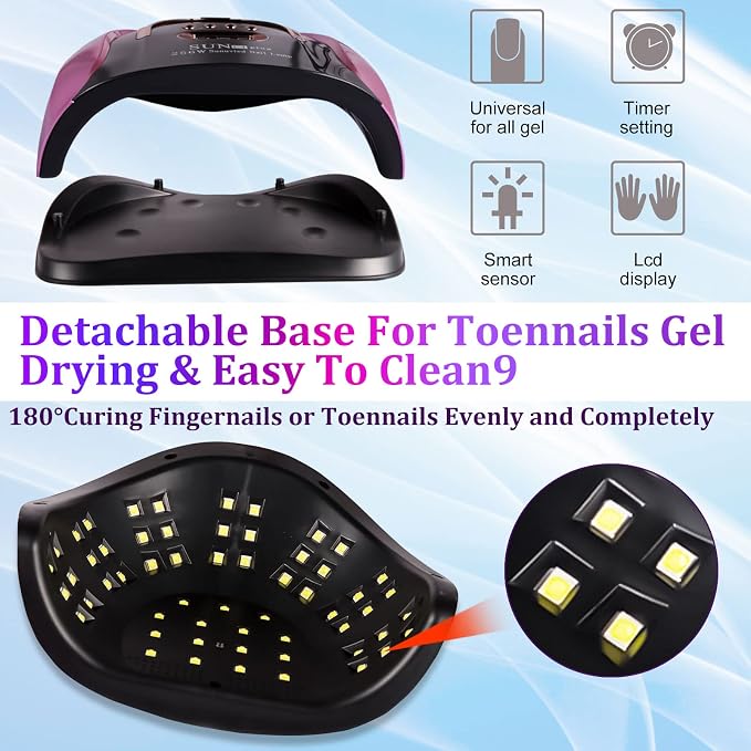256W UV LED Nail Lamp, 4 Timers | 57Pcs Lamp Beads,Automatic Sensor,Detachable Pedicure Base,Professional Nail Light, Gel Polish Dryer