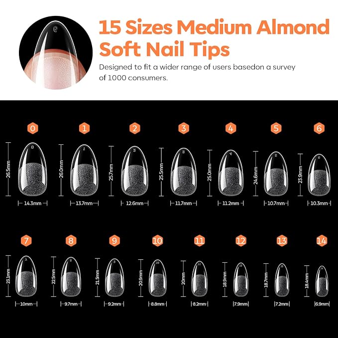 Modelones Almond Nail Tips, Pre-Etched 40 Grit Half Matte Gel Nails Tips | Clear Full Cover 240PCS 15 Sizes Medium Almond Fake Nail Tips for DIY Extensions Press On Nails for Women
