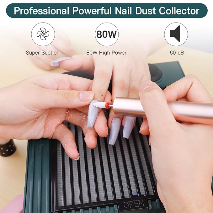 Biutee Nail Dust Collector, 80W Vacuum Dust Collector Nail Tech with 2 Reusable Filter | Rechargeable, Adjustable Speed, 80W Suction, Low Noise, for Acrylic Gel Nail Polishing, Acrylic Nails Removal