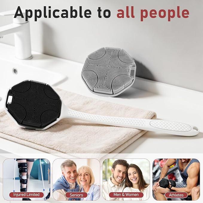 Back Scrubber for Shower 2 Pack, Silicone Body Scrubber with Long Handle, Detachable Body Wash Bath Scrubber Shower Scrub Brush -Dense Bristles Exfoliating & Lather Well for Women Men Black & Grey