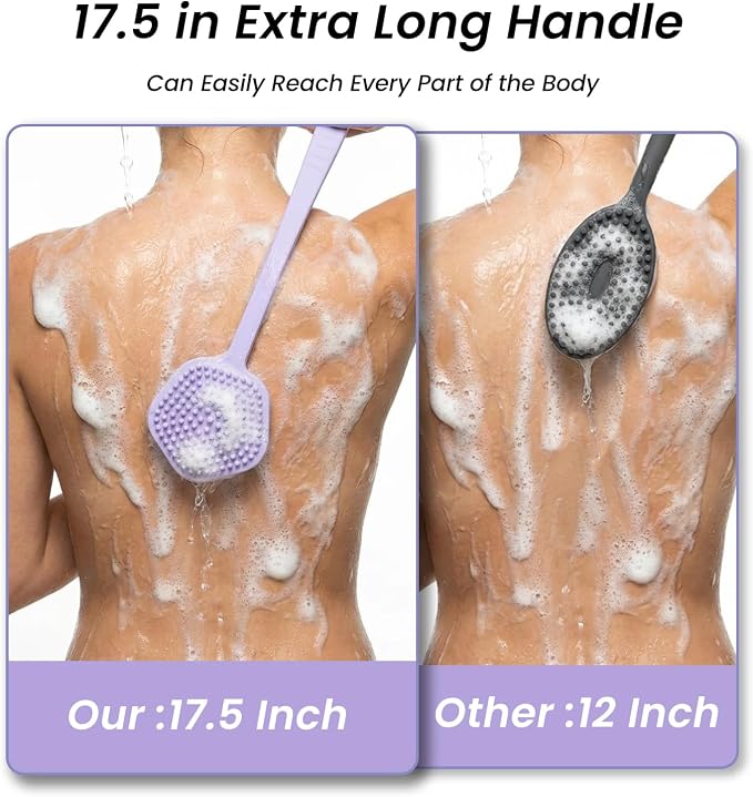 Redfly Silicone Back Scrubber for Shower Brush, 17 inch Long Handled Silicone Body Scrubber for Men & Women, Double Sided Shower Scrubber for Body Brush Exfoliator and Massage, Purple