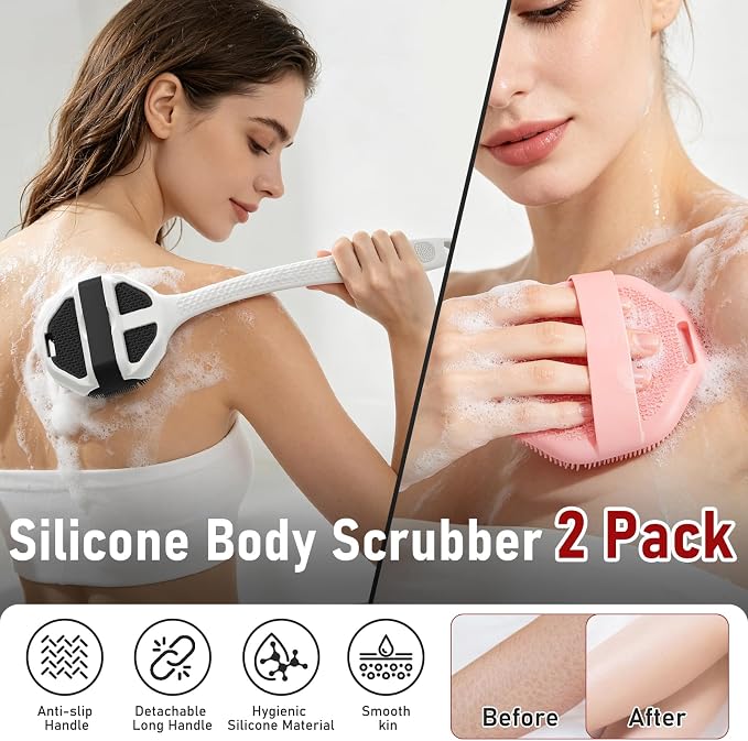 Back Scrubber for Shower 2 Pack, Silicone Body Scrubber with Long Handle, Detachable Body Wash Bath Scrubber Shower Scrub Brush -Dense Bristles Exfoliating & Lather Well for Women Men Black & Pink